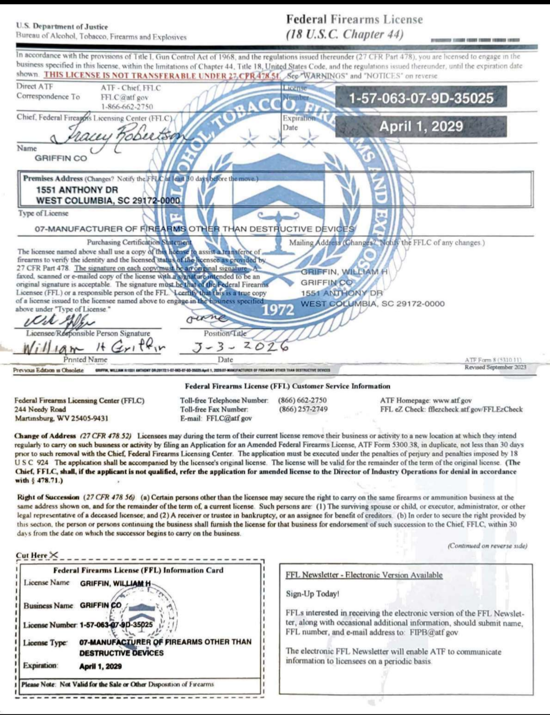 Griffin Co Federal Firearms License, expires April 1, 2029
